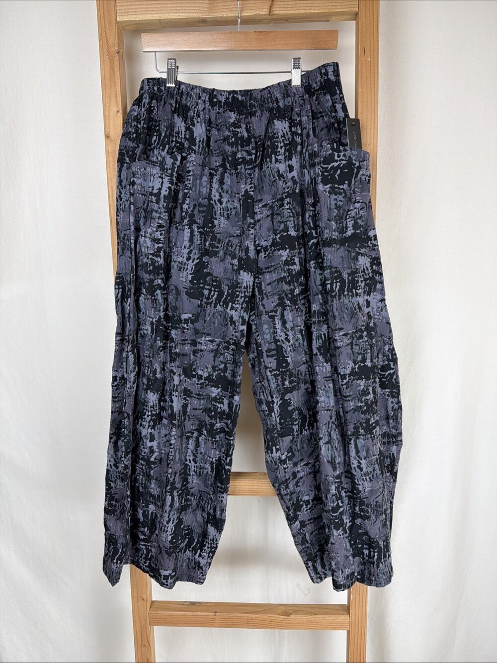 NWT Sydney P107 Black Gray Pattern Crinkle Wide Leg Pants XL #0745 USA